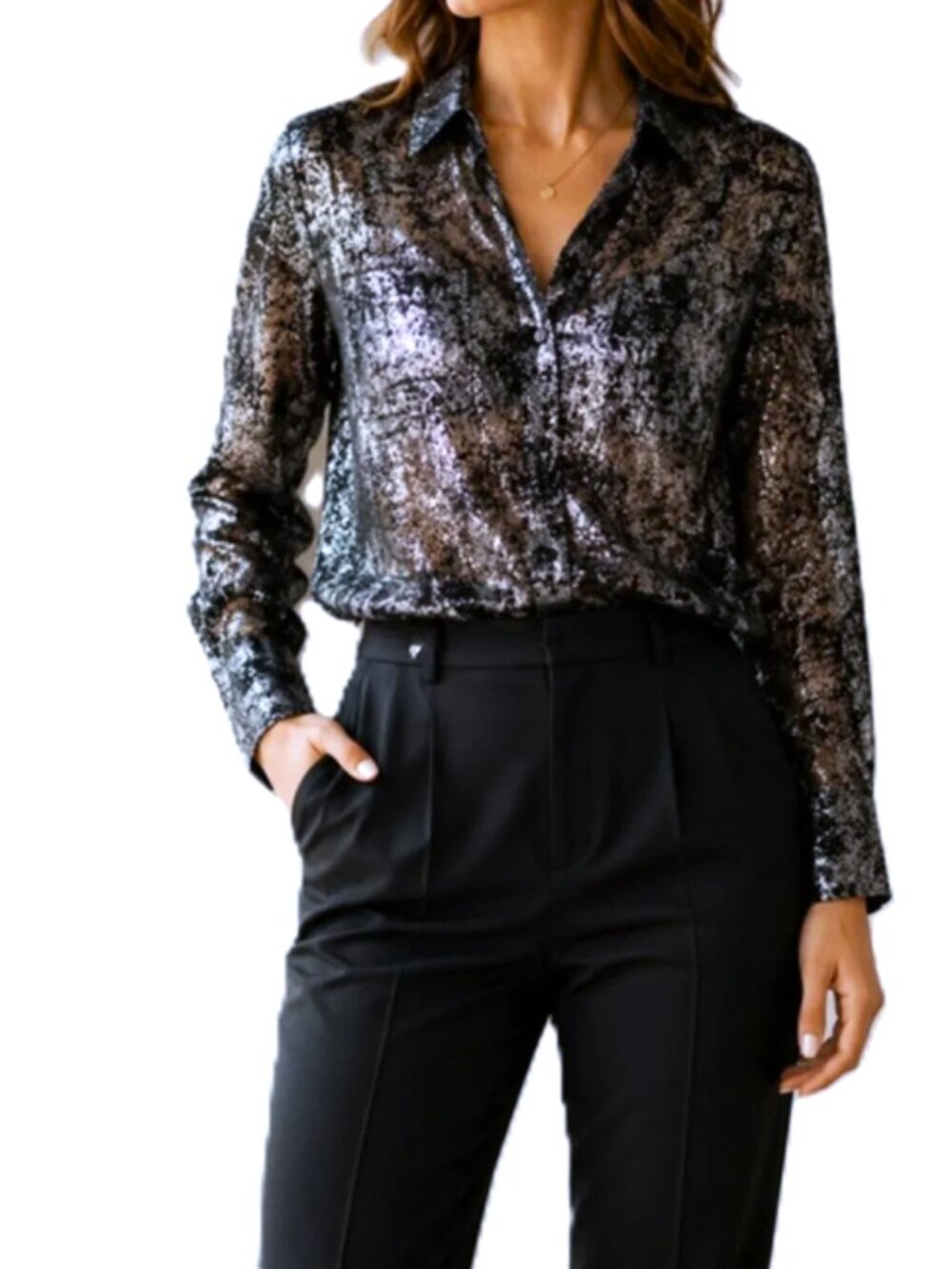 Michael Kors Silver Metallic Foil Blouse size L NWT